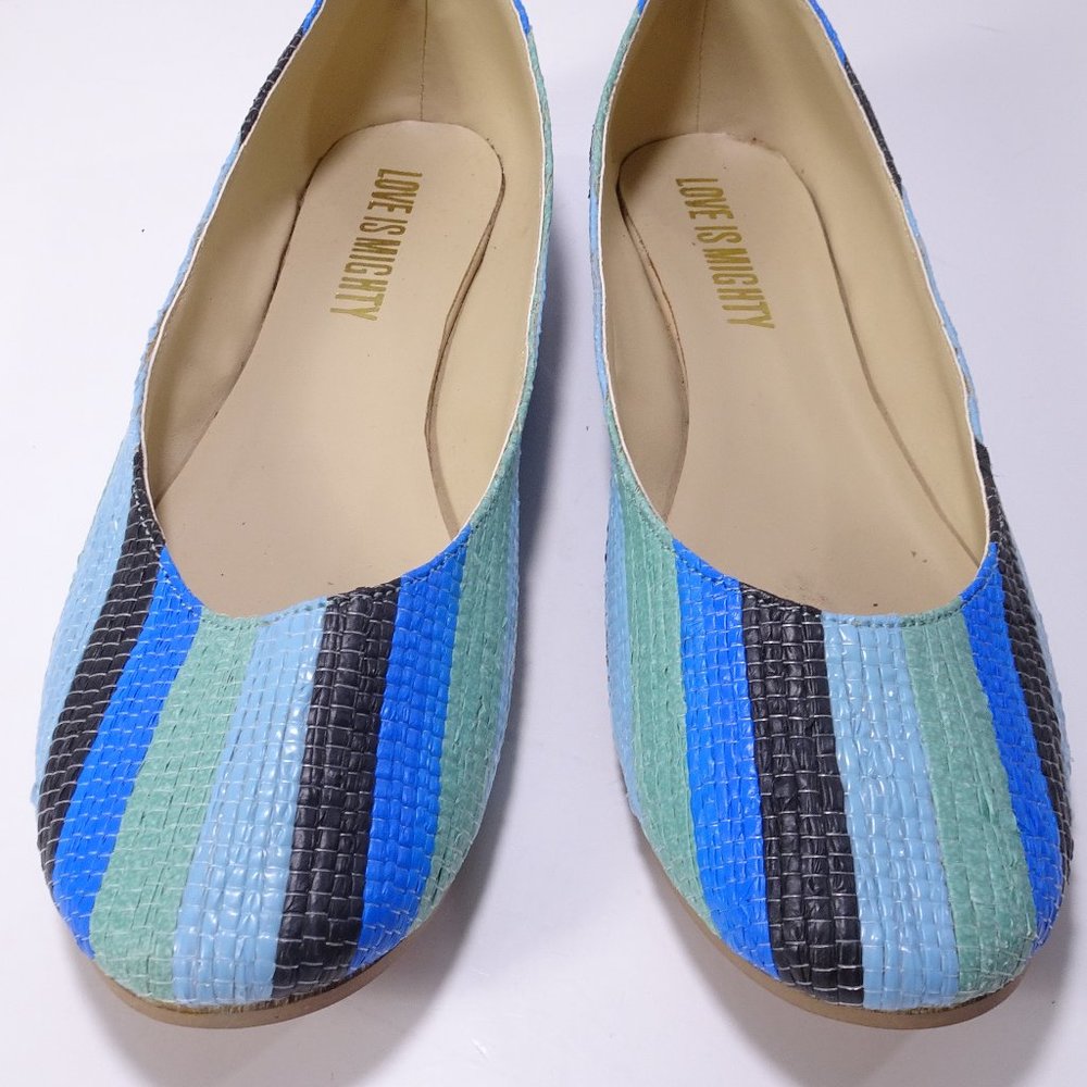 Love is Mighty Blue Striped Raffia Woven Ballet Flats Sz 8.5